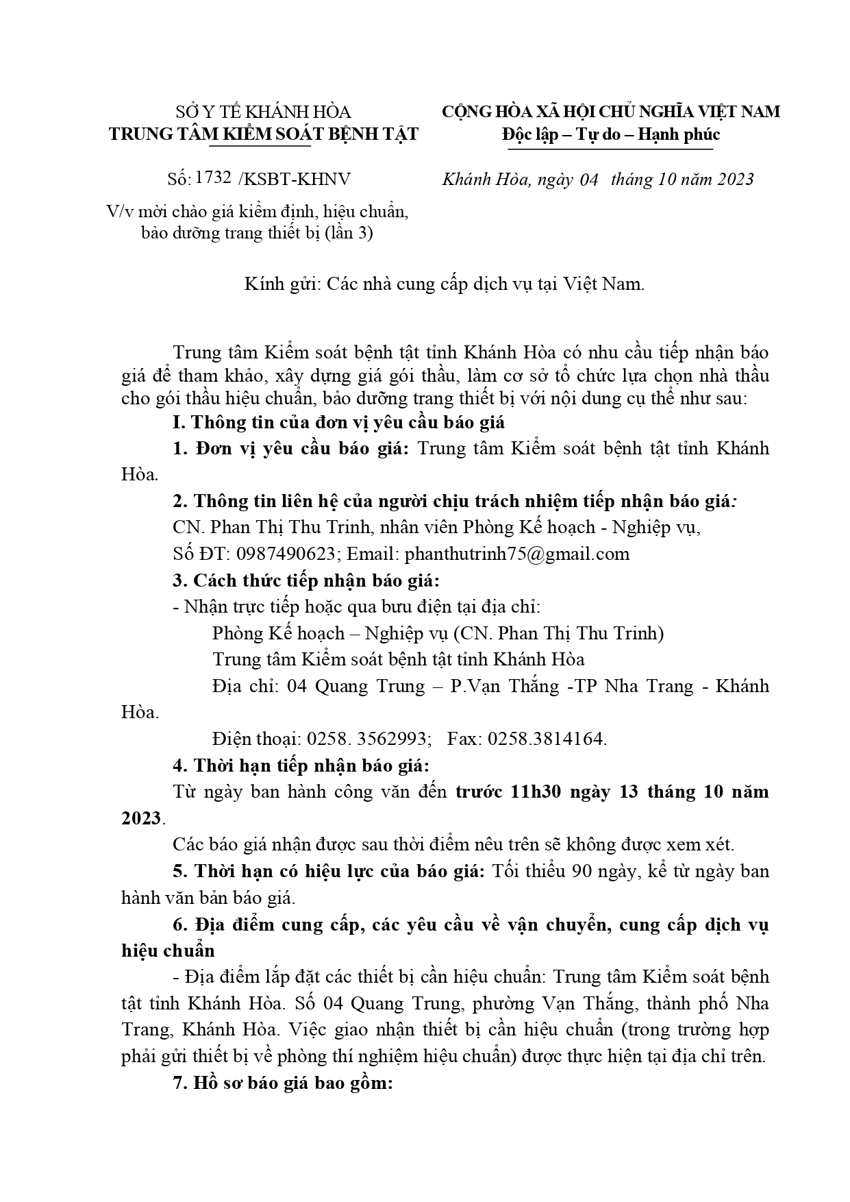 V/v mời chào giá kiểm định, hiệu chuẩn, bảo dưỡng trang thiết bị (lần 3)